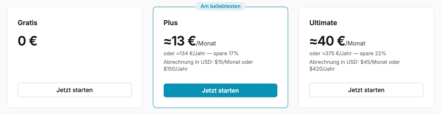 Die drei Tarife. Einstellungen → Abo listet dieselben Tarife, jeweils mit eigener Schaltfläche zum Abonnieren.