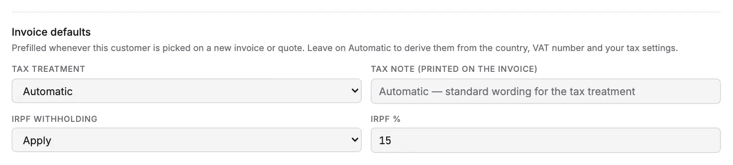 Invoice defaults for a Spanish business customer: tax treatment on Automatic and IRPF always applied at 15 %.