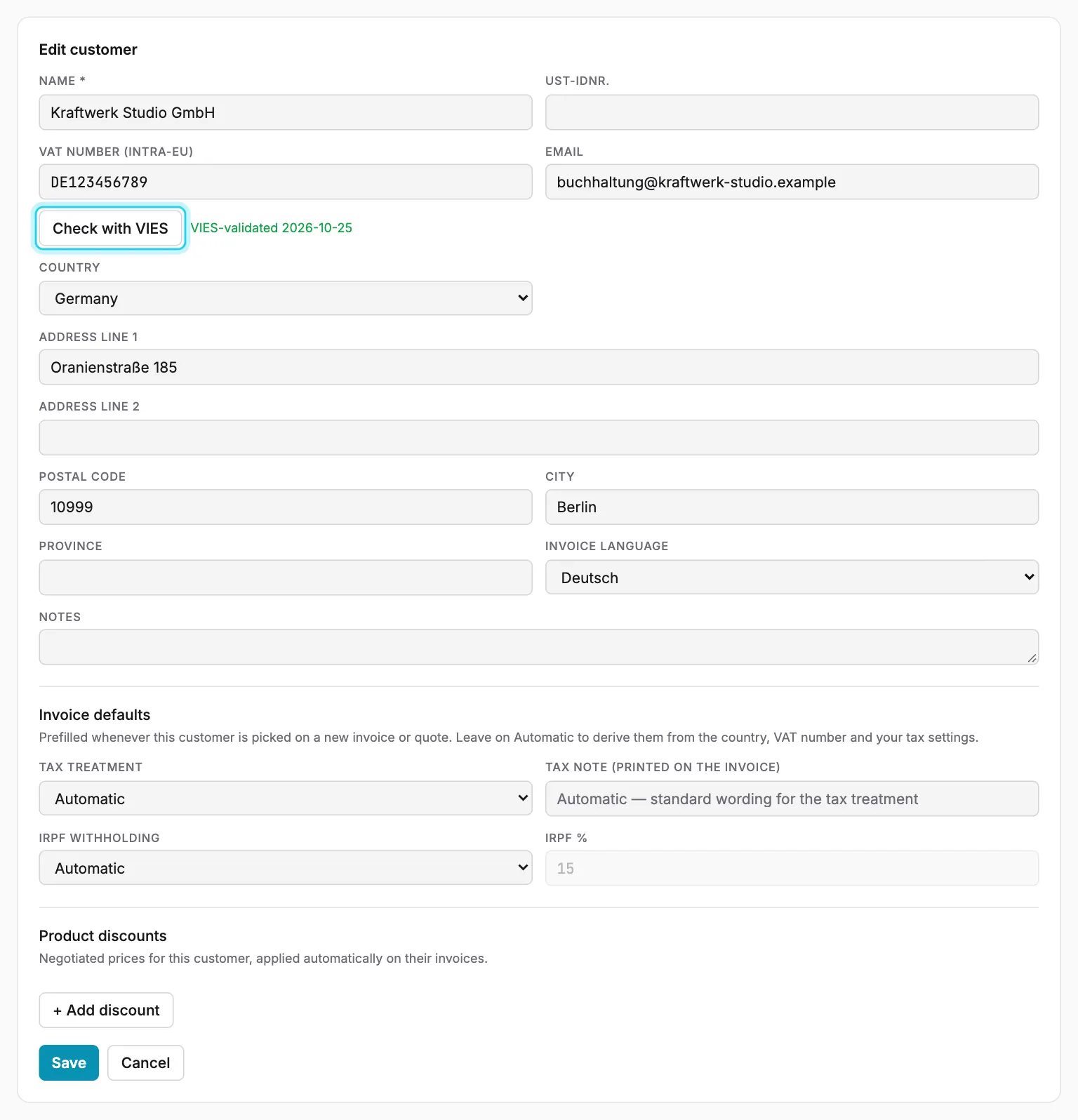 Editing an EU customer: the Check with VIES button sits under the VAT number.