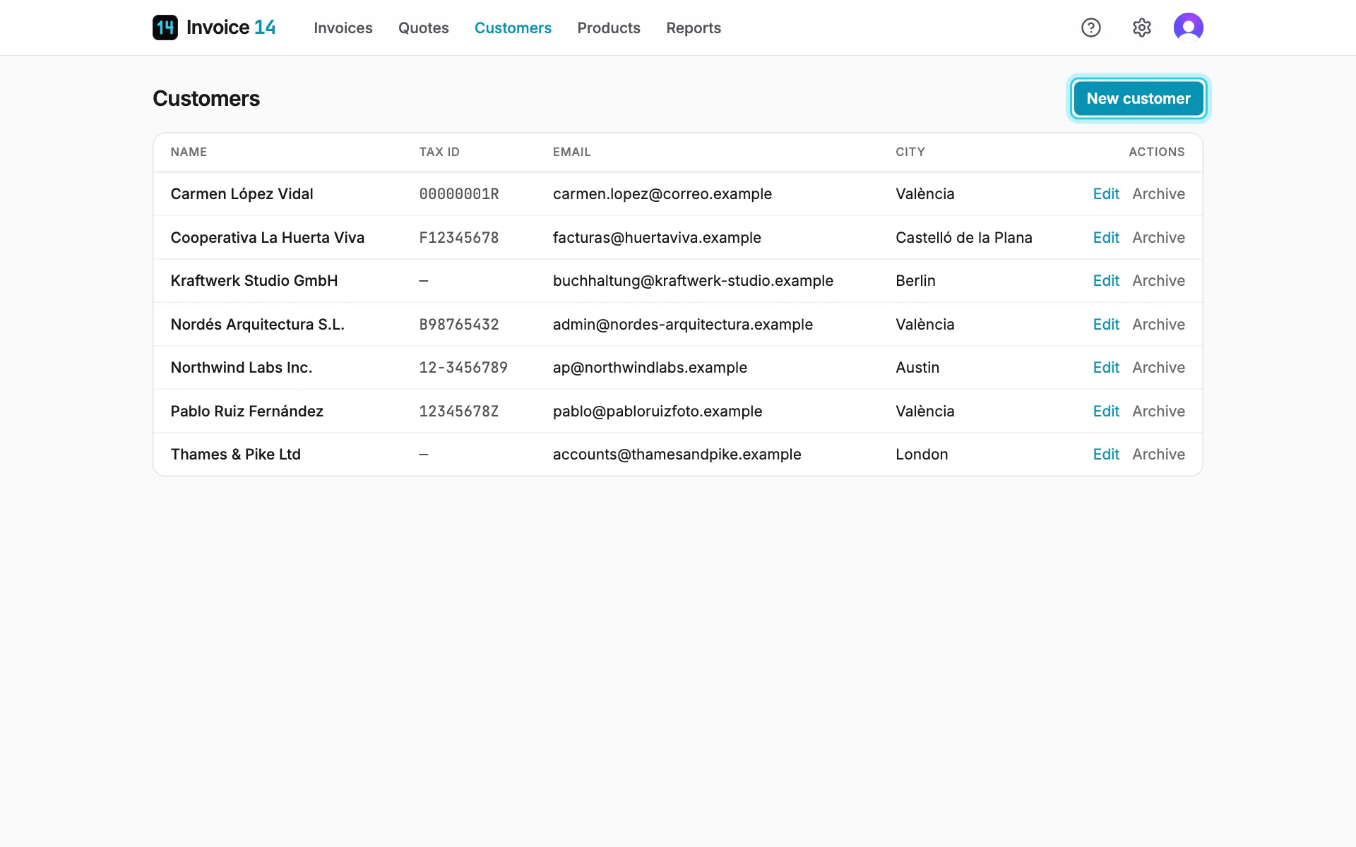 The customer list, with the New customer button top right.
