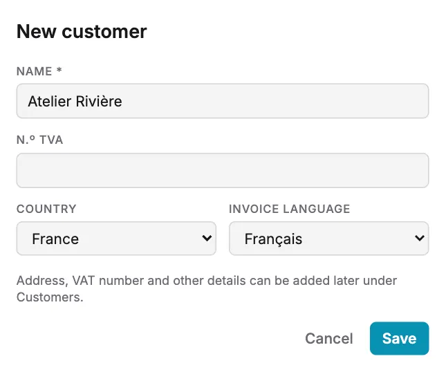 The quick New customer form opened from the invoice editor.