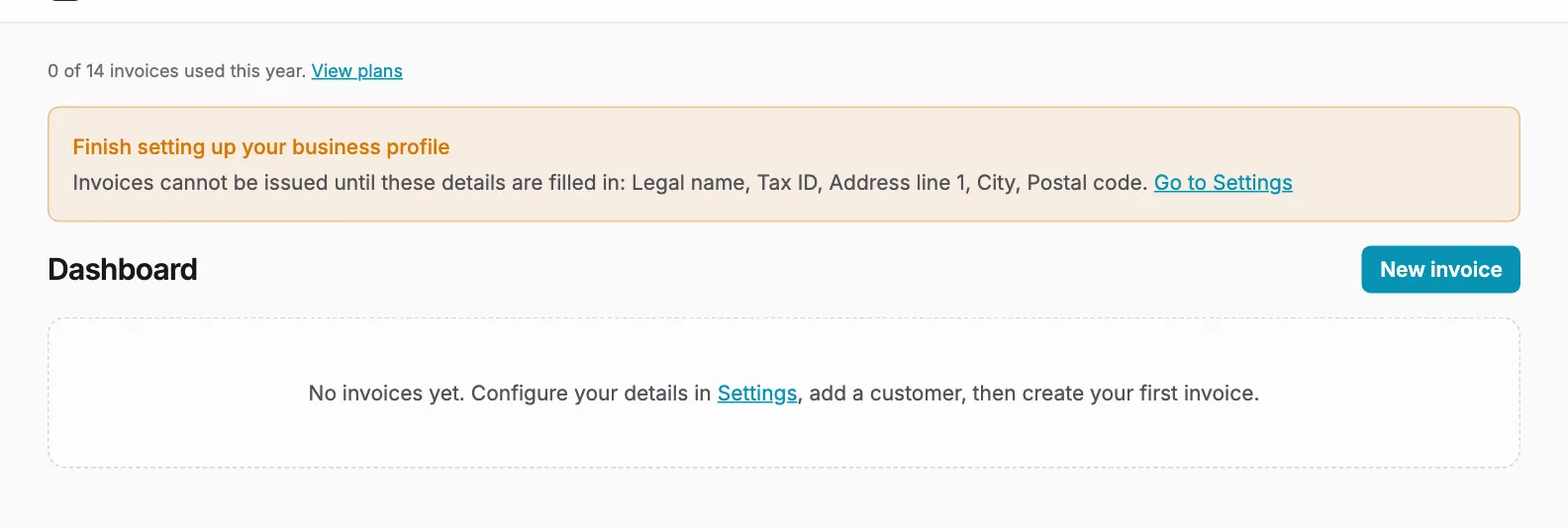 On the Free plan, the line at the top counts the invoices issued this year.