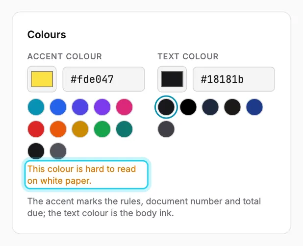 A pale accent colour triggers the low-contrast warning.