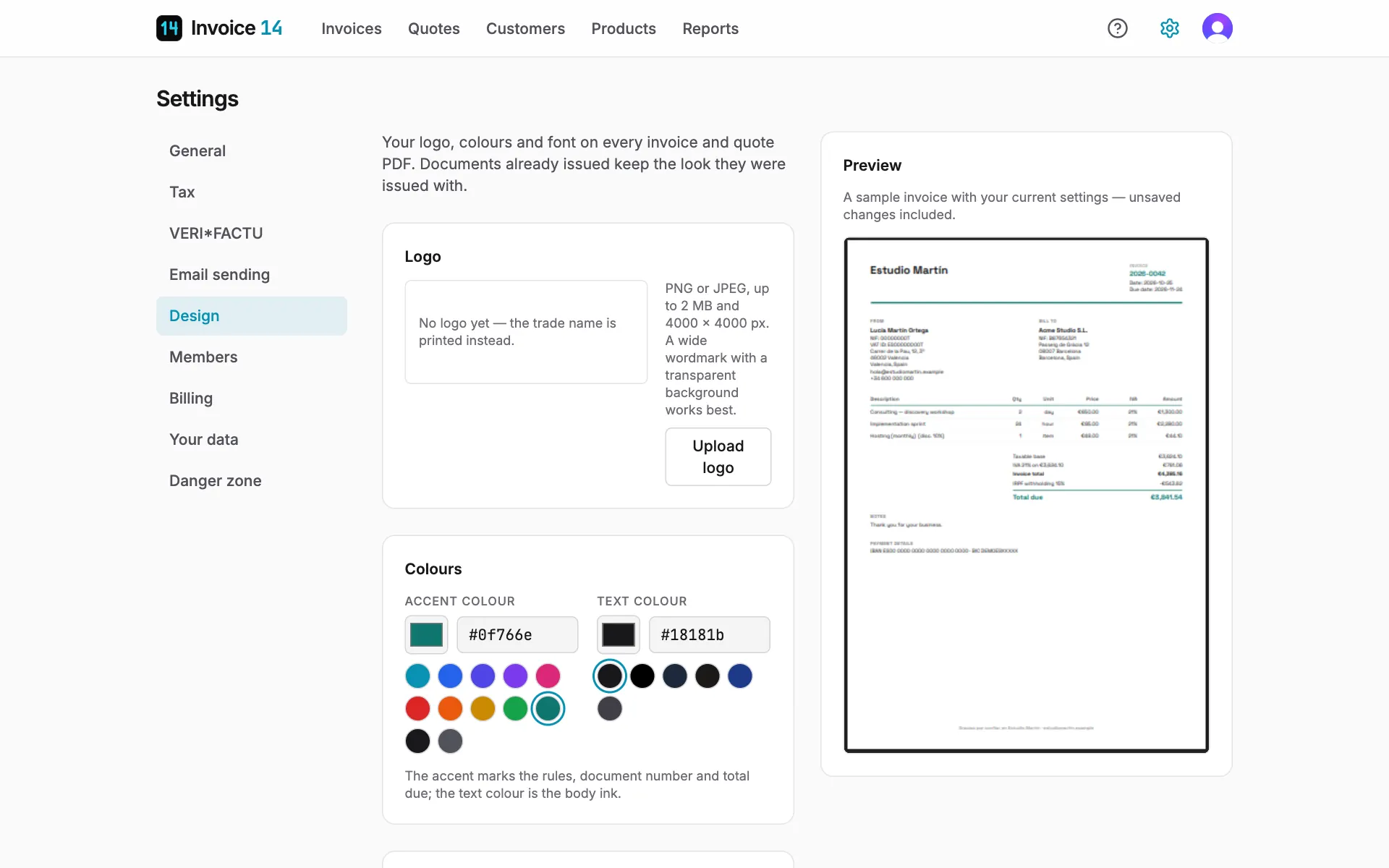 Settings → Design: logo, colours and font on the left, the live preview on the right.