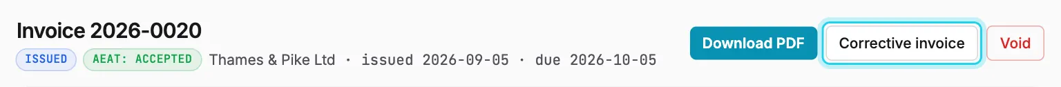 An issued, unpaid invoice offers both Corrective invoice and Void next to Download PDF.