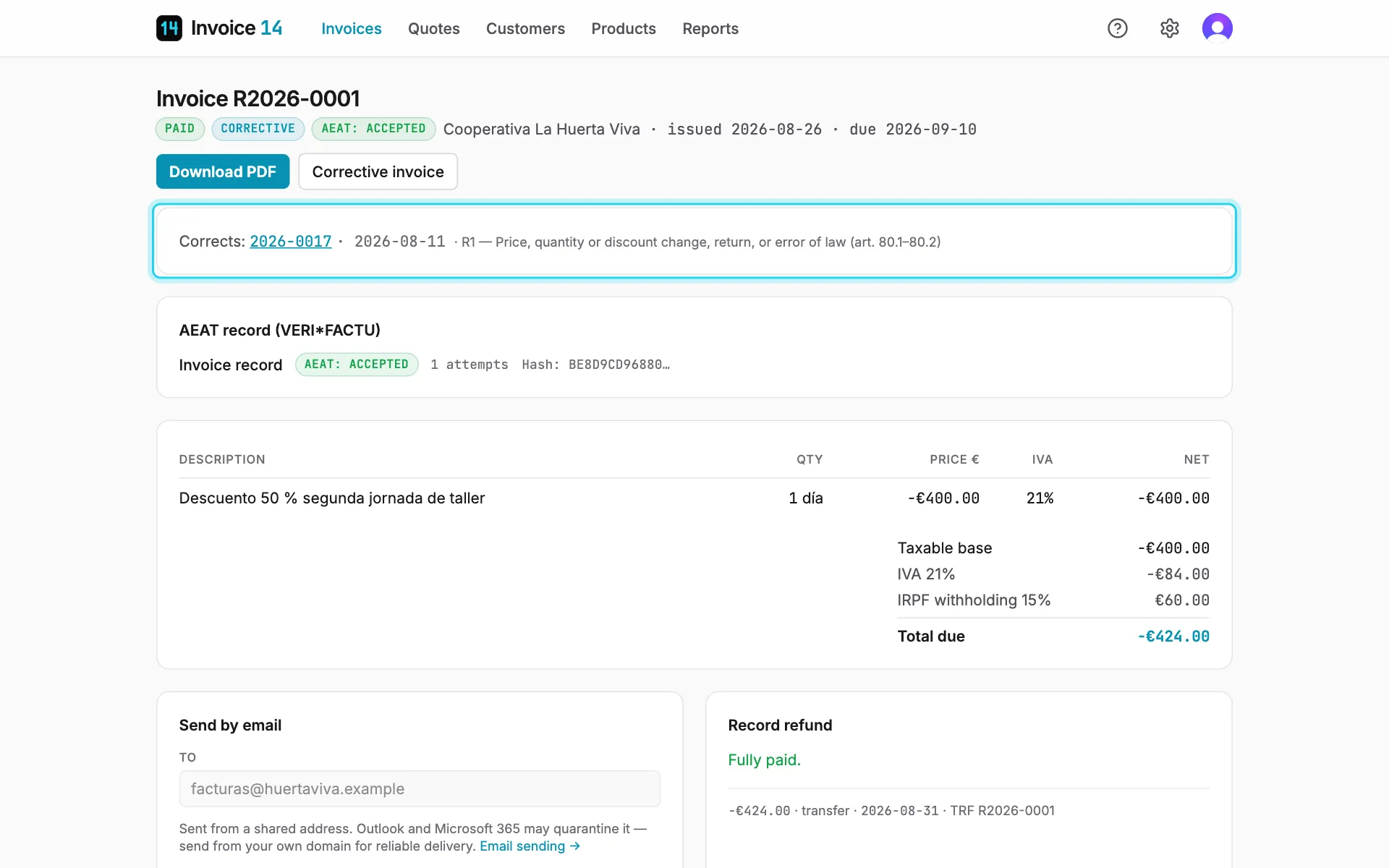 An issued corrective invoice, linked to the invoice it corrects and showing its reason code.