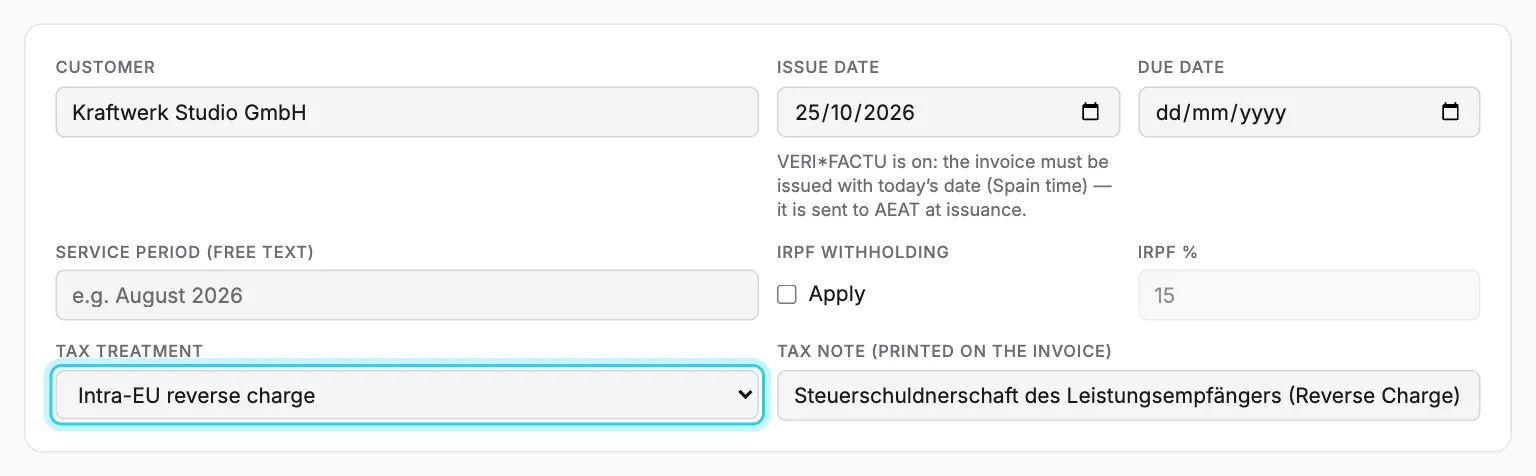An invoice to a German business: intra-EU reverse charge was picked automatically and the legal note filled in.