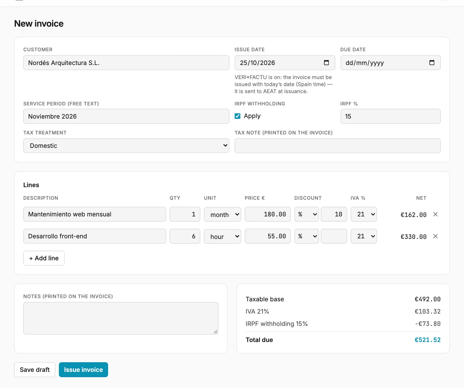 A new invoice with two catalogue lines; the maintenance line picked up the customer’s 10 % discount.