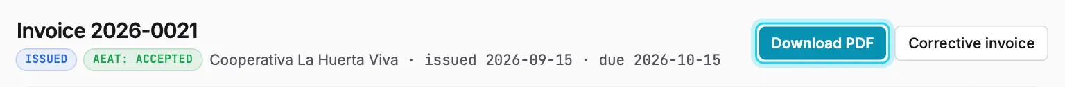 The Download PDF button in an issued invoice’s header.