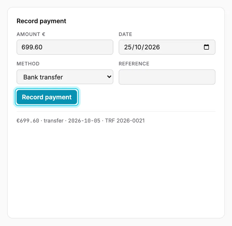 Recording the second half of a part-paid invoice: the amount is prefilled with what is still owed.