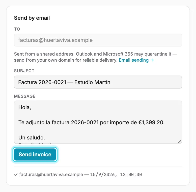 The Send by email card, with the subject and message ready and earlier sends listed underneath.