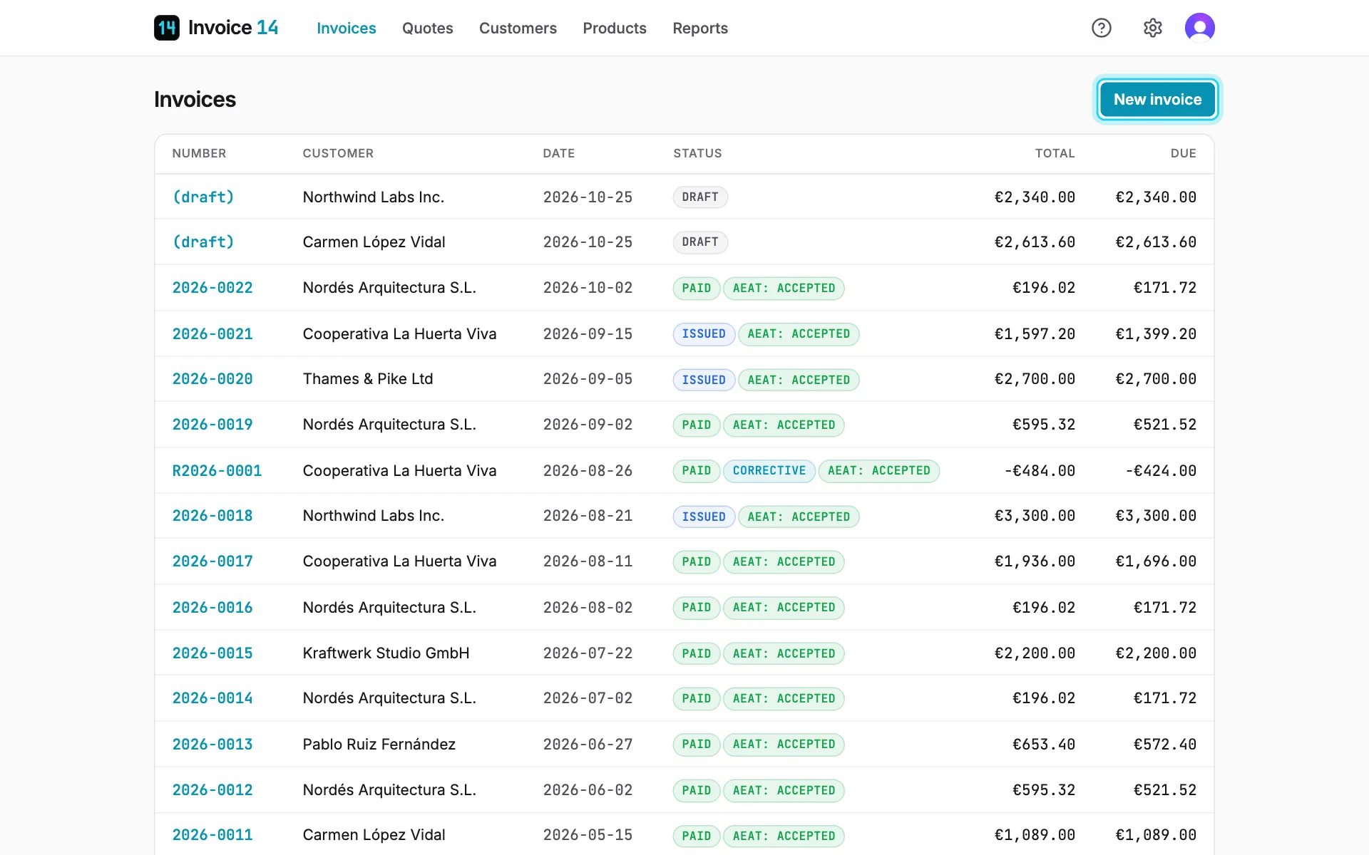 The invoice list: drafts have no number yet, and each row shows its status badges.