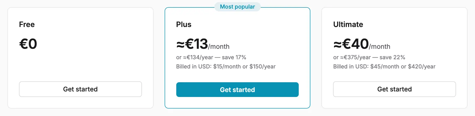 The three plans. Settings → Billing lists the same plans, each with its own subscribe button.