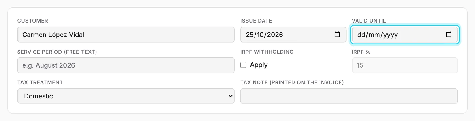 A new quote: the same form as an invoice, with “Valid until” in place of the due date.