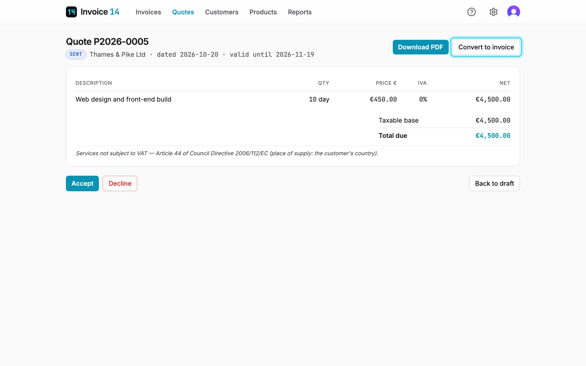 A sent quote: download the PDF, convert it, or record the customer’s answer.