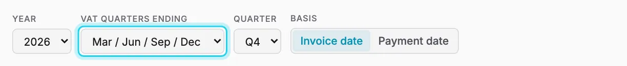 Year, quarter, VAT stagger and accounting basis for the VAT Return.