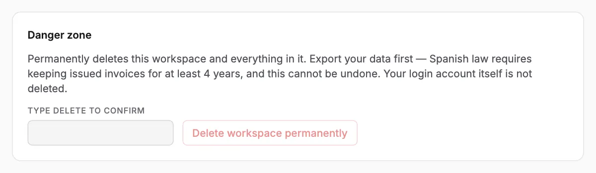 The Danger zone, where the workspace is deleted after you type DELETE.