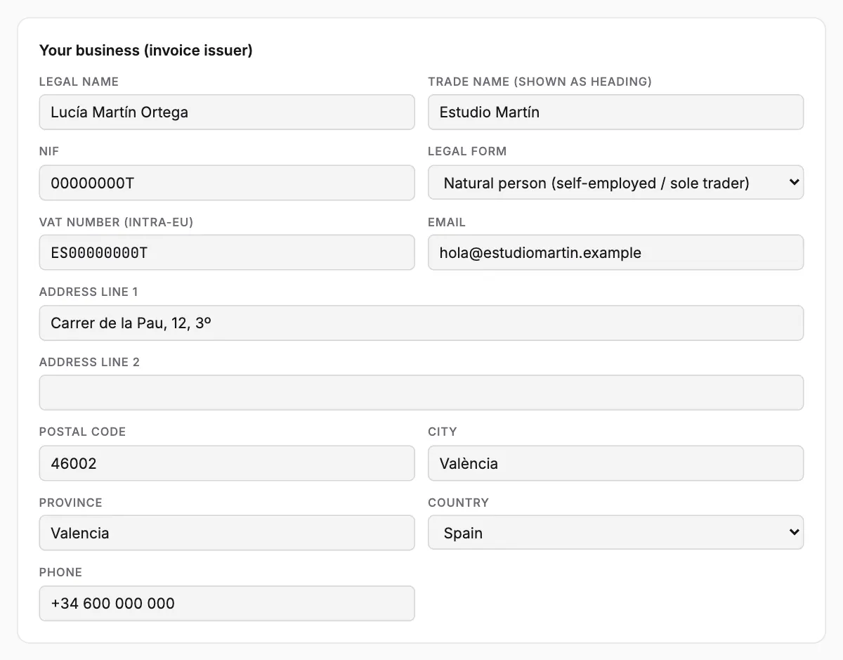 The business details card, filled in for a self-employed designer in València.