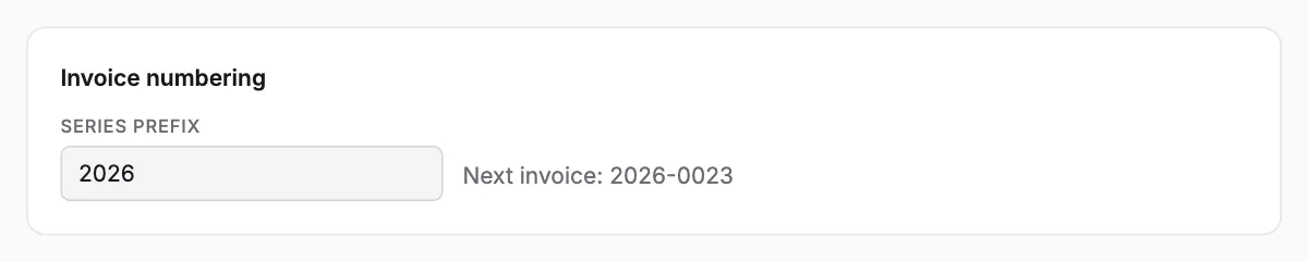 The invoice series prefix and the next number it will give.