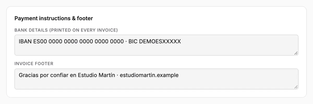 Bank details and the invoice footer.