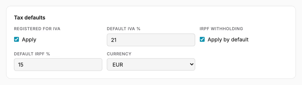 The tax defaults of a Spanish autónomo: registered for IVA at 21 %, with 15 % IRPF.