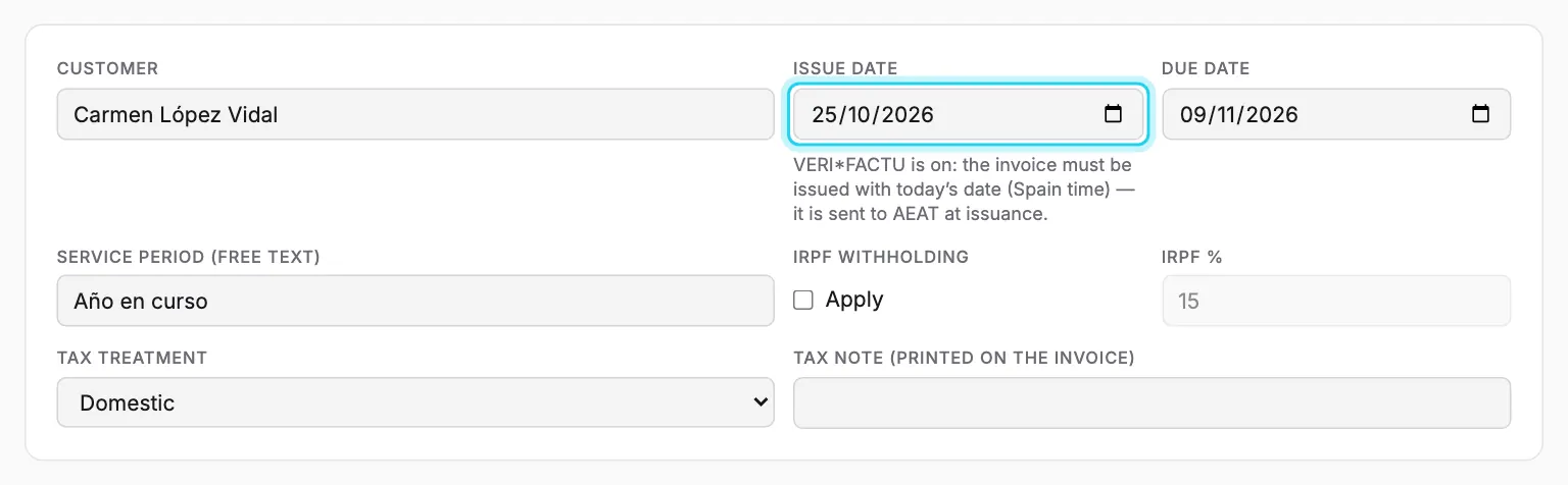 With VERI*FACTU on, the editor reminds you that the issue date must be today.