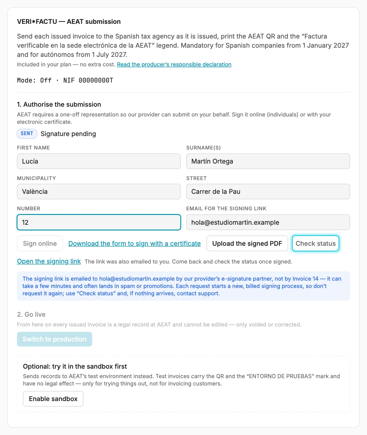 Waiting for the signature: the signing link and where the email was sent.