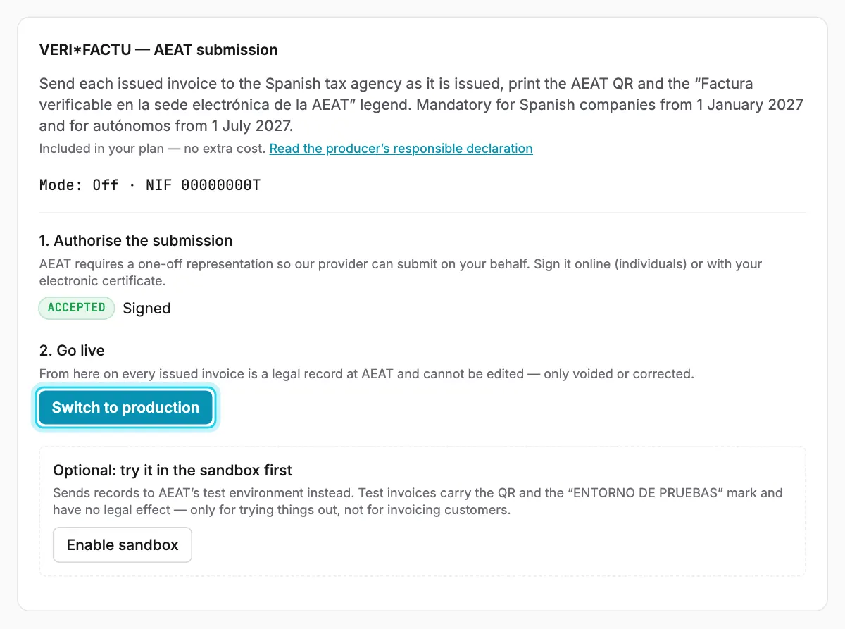 Signed and ready: “Switch to production” turns VERI*FACTU on for real.