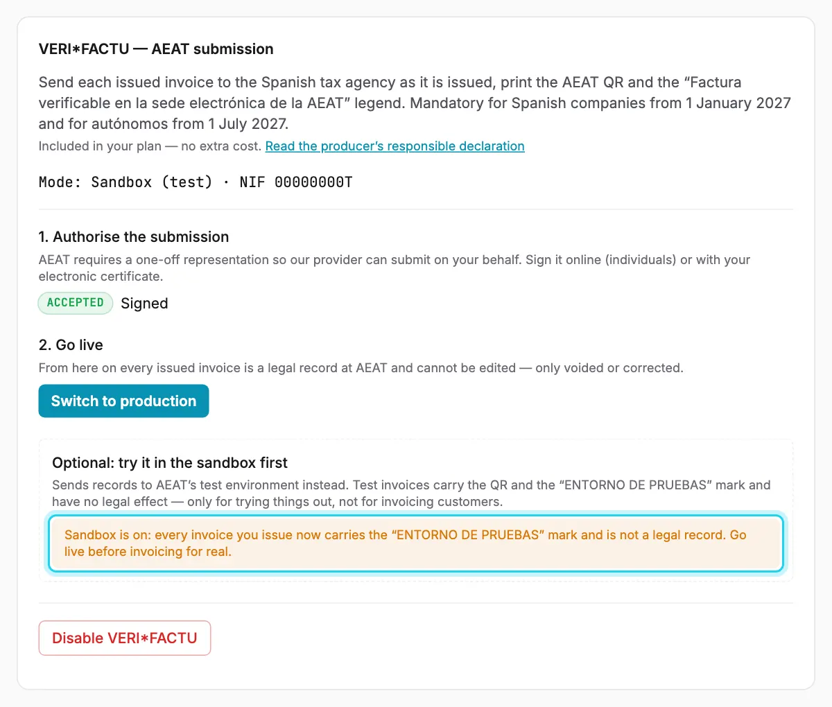 Sandbox on: invoices carry the “ENTORNO DE PRUEBAS” mark until you go live.