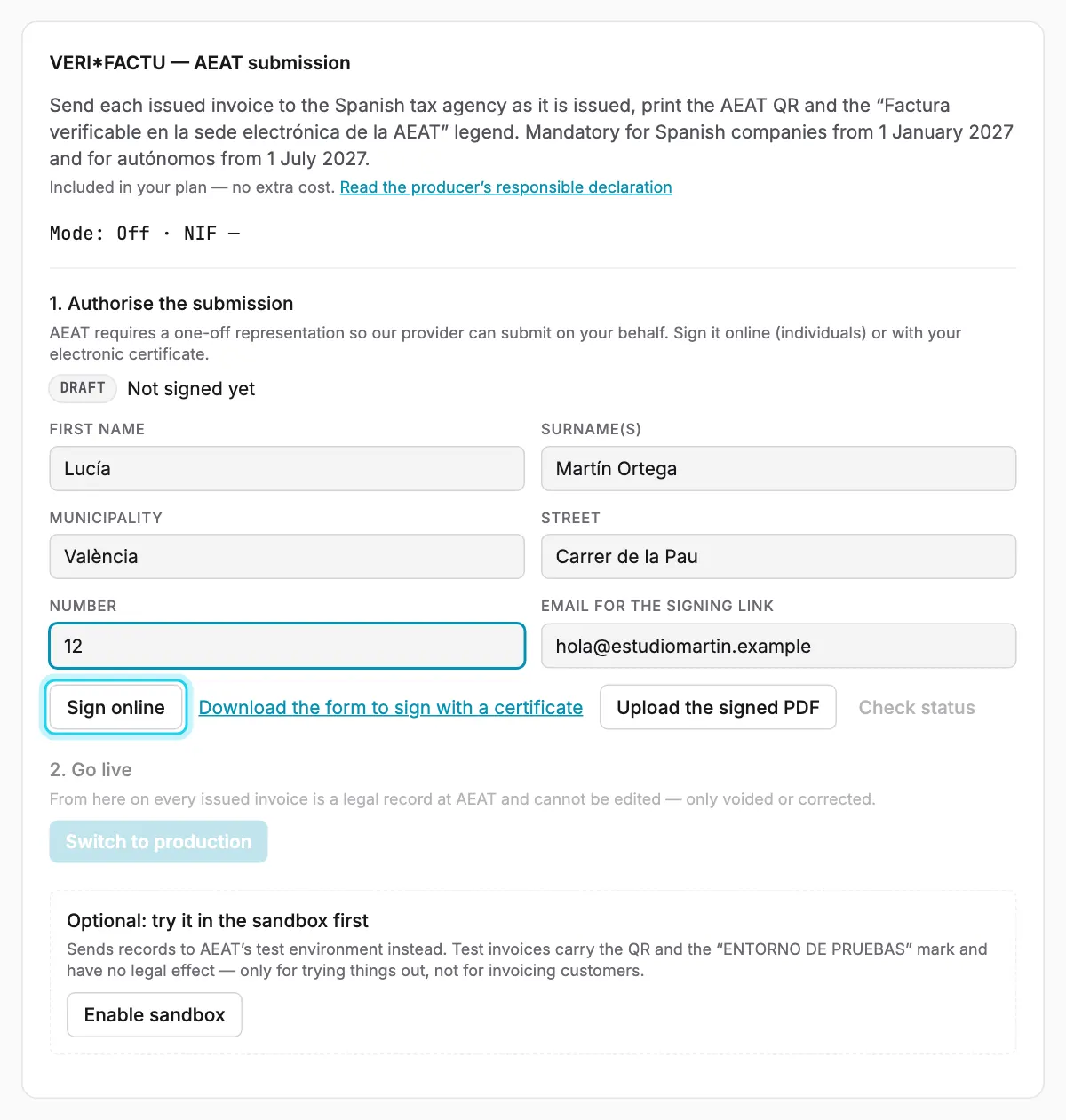 Step 1 filled in and ready to sign online.