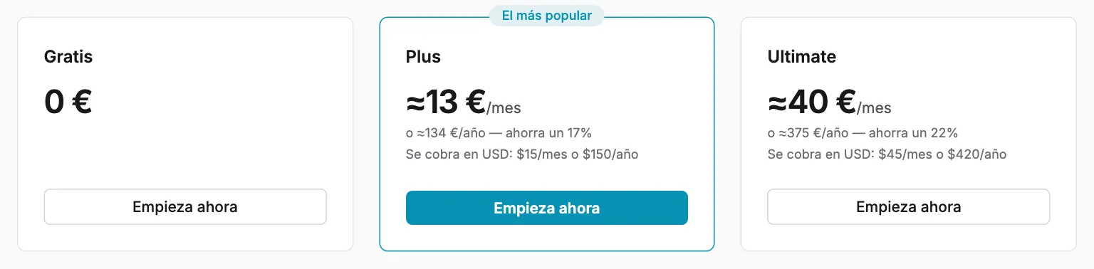Los tres planes. Ajustes → Suscripción muestra los mismos planes, cada uno con su botón de suscripción.