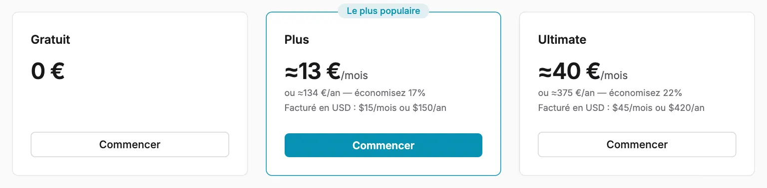 Les trois plans. Paramètres → Abonnement liste les mêmes plans, chacun avec son propre bouton d’abonnement.