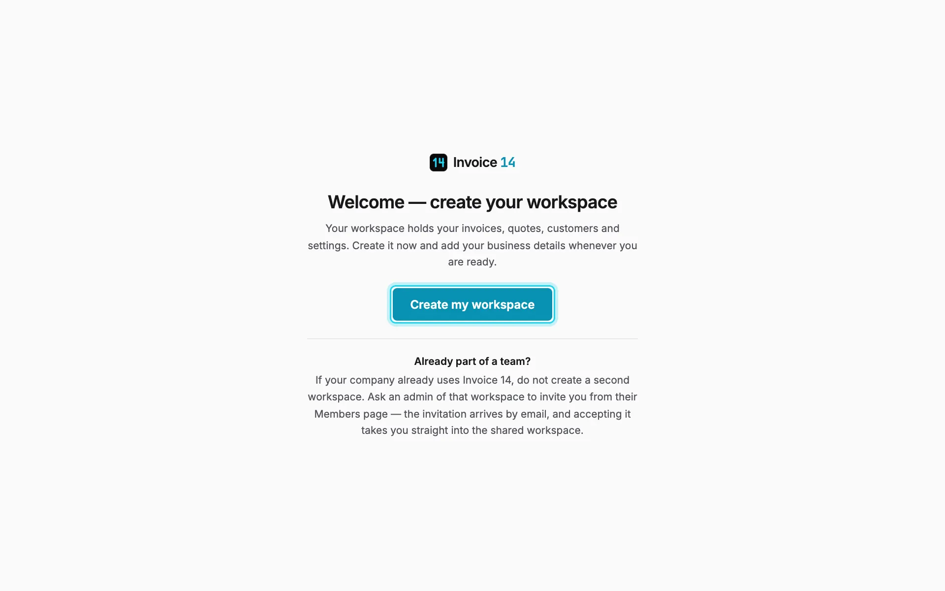 La page d’accueil d’un nouveau compte, avec le bouton qui crée votre espace de travail.