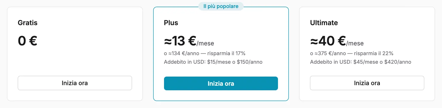 I tre piani. Impostazioni → Abbonamento elenca gli stessi piani, ciascuno con il proprio pulsante di sottoscrizione.